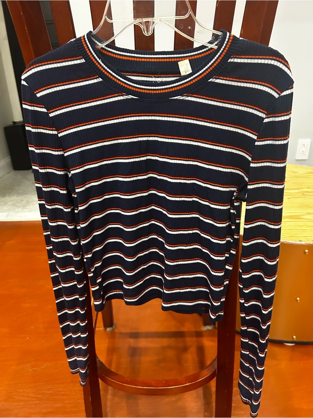 Striped Long-Sleeve Ribbed Tee - Navy with White & Orange Stripes